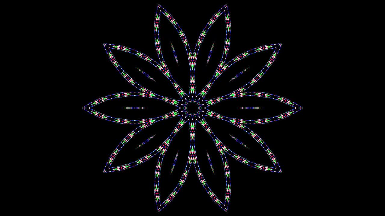 blue stripes glowing wave flower shape, kaleidoscope black background