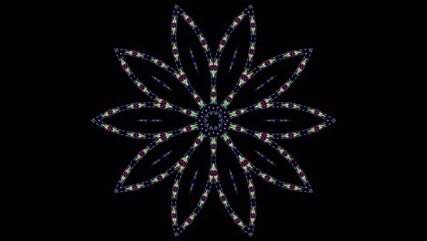 rayas azules ondas brillantes forma de flor, caleidoscopio fondo negro
