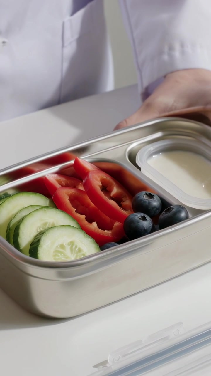 Vertical video: Reaching hand in chef coat arranging bento on table placing berries near yogurt cup