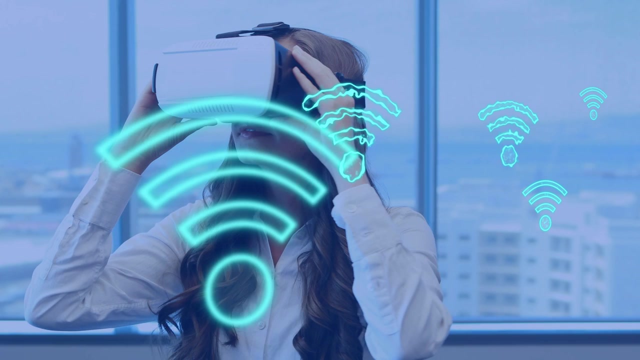 Woman putting on VR headset and tapping cyan icons as wireless signals pulse, testing technology
