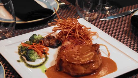 Close-up-dish-of-filet-of-mignon-with-broccoli-and-hash-browns-on-white-plate