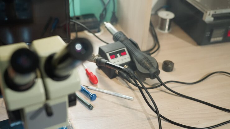 A close-up view of a laboratory workspace where a technician is adjusting a digital soldering station, the table is scattered with various tools, a microscope, and other electronic equipment
