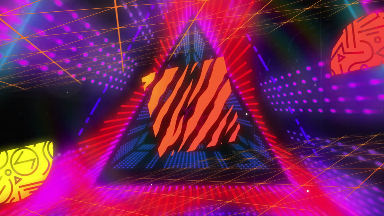 Animation of vibrant shapes over neon light tunnel moving on black background