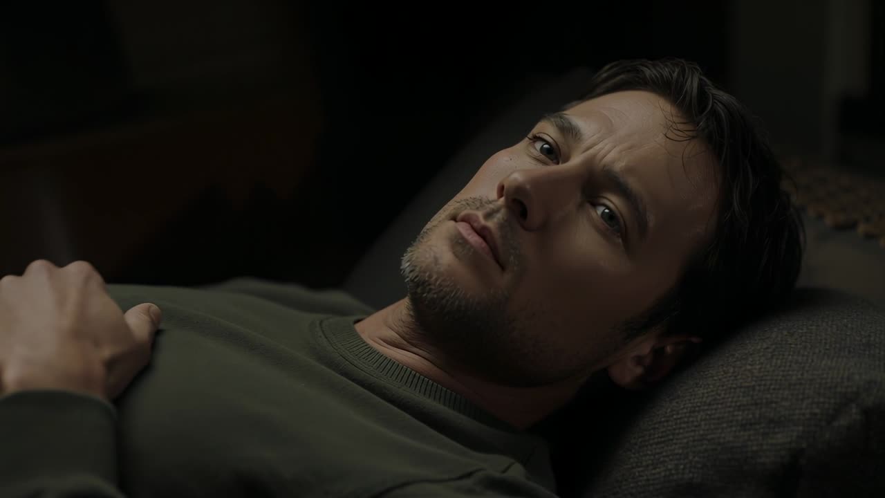Man reclining on pillow shifting focus, turning head, resting right hand, wellness overlay on face