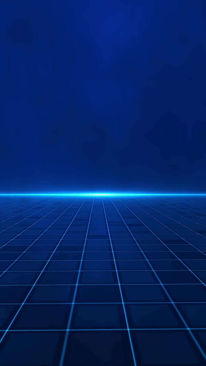 Blue digital grid horizon background with glowing floor lines deep perspective dark tech space and