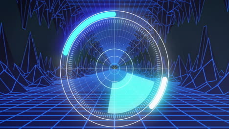 animation of circular scope scanning with blue grid and topography on black