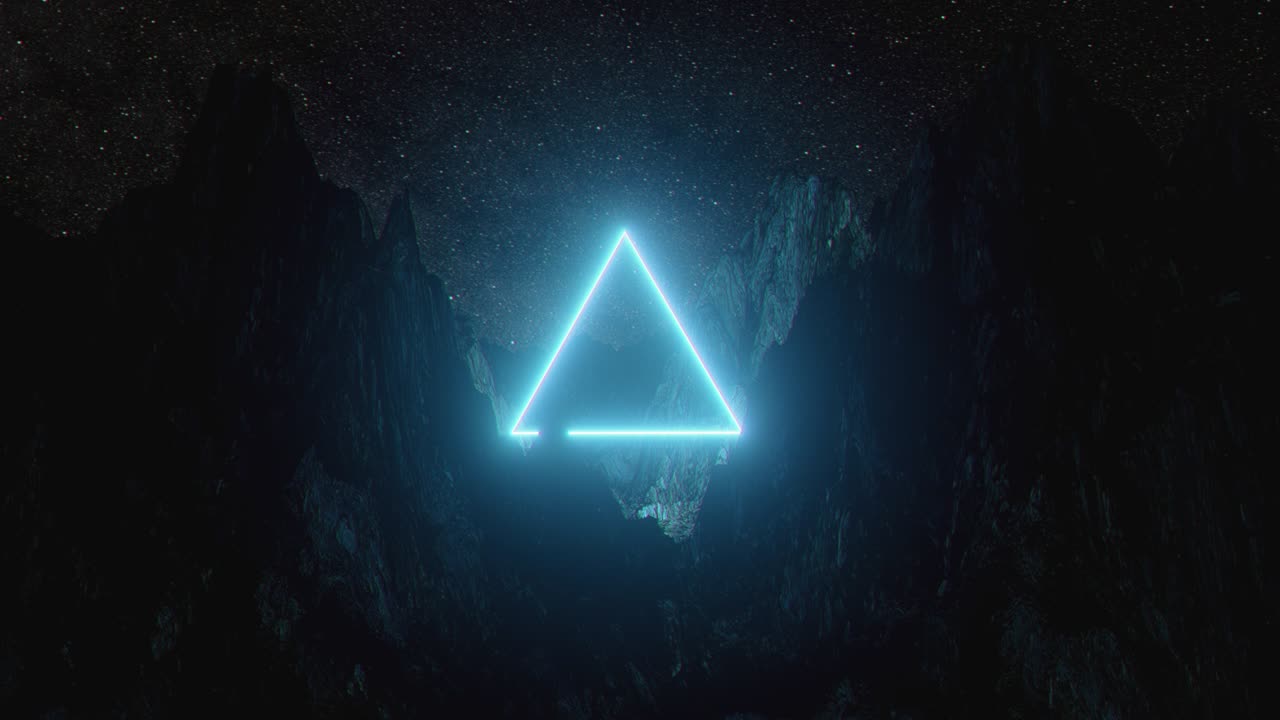 hermoso paisaje minimalista fantástico. triángulo de neón azul brillante entre las montañas contra el fondo de un cielo estrellado nocturno giratorio. bucle sin costuras 3d render