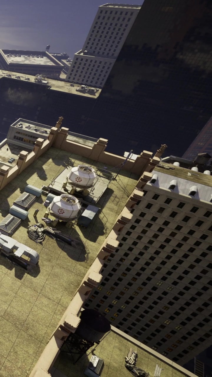 Rooftop view of urban landscape with modern features during sunset