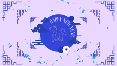 animation of happy new year text with dragon sign and chinese pattern on purple background