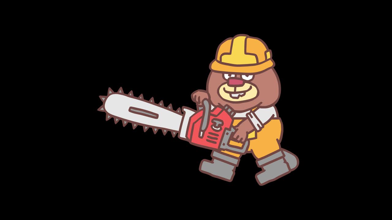 Builder beaver in hard hat holding chainsaw and walks. Frame by frame animation. Alpha channel