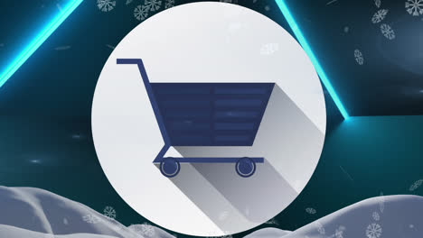 Animation-of-qr-code-and-shopping-icon-over-snow-falling