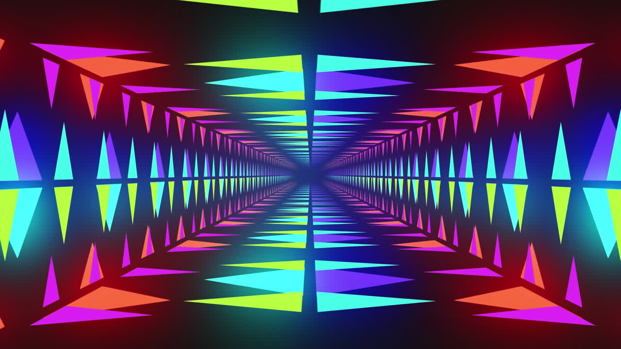 Animation of neon shapes moving over digital tunnel