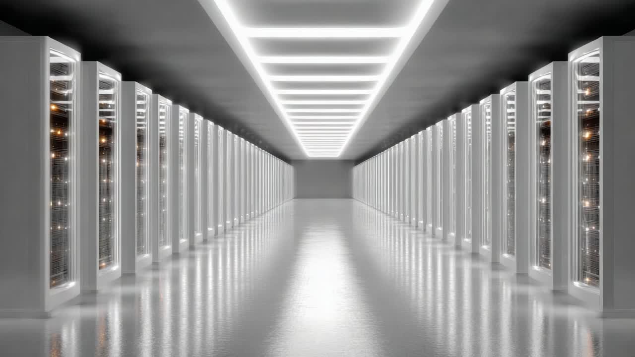 A Modern Data Center Interior Featuring Rows of Servers and Illuminated Aisles, Showcasing Advanced Technology and Efficient Design for Data Storage Solutions