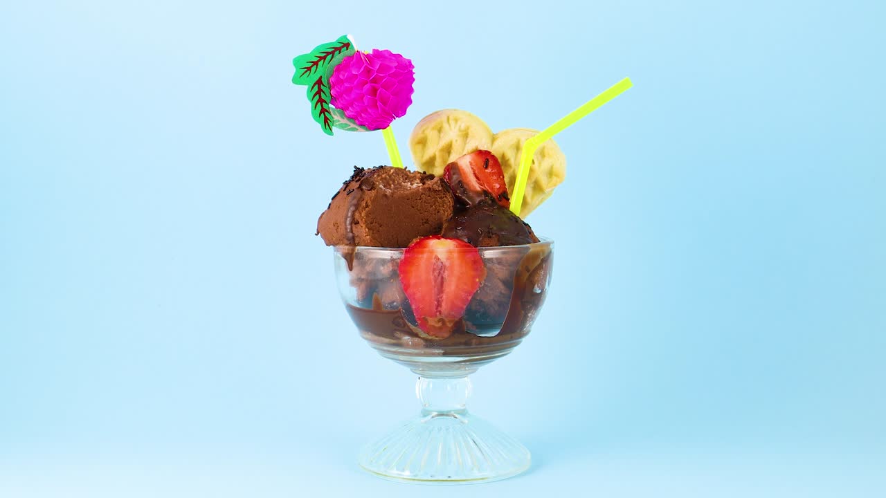 Prendere una fragola con la forchetta dal gelato al cioccolato