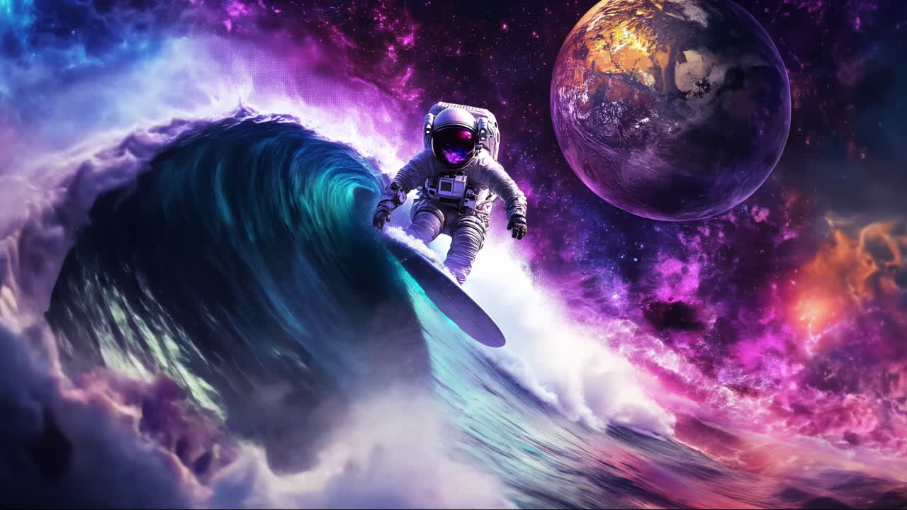 An astronaut surfing on majestic cosmic waves amidst the breathtaking wonders of a distant galaxy