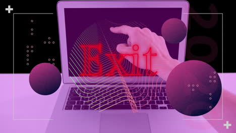 animación del texto de salida en neón rojo, esferas y líneas paralelas sobre la mano apuntando a la pantalla del portátil