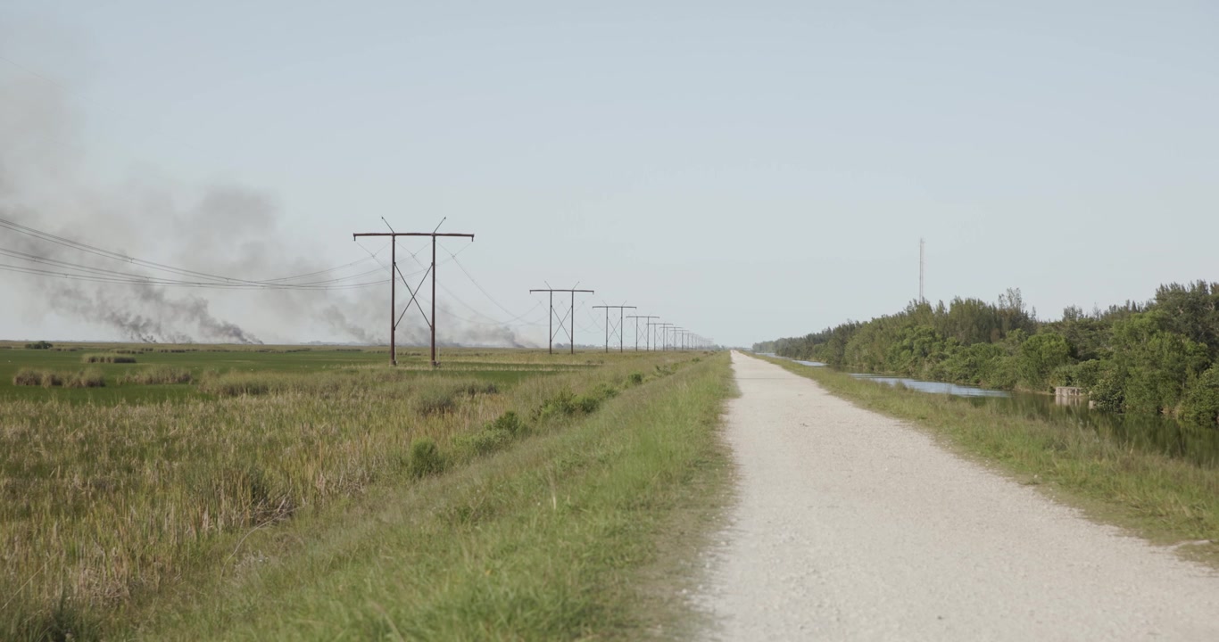 4K záběry mnoha ohnisek lesních požárů hořících napříč floridskými Everglades v okrese Broward. Kouř stoupá za bažinami s pilovitou trávou, v popředí elektrické vedení a polní cesta.