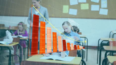 animación del procesamiento de datos y diagrama sobre diversos escolares que aprenden en el aula