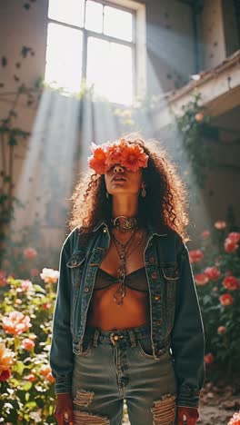mujer con sombrero floral posando en un jardín abandonado