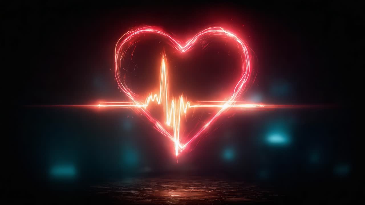 A Vibrant Heartbeat Visualization: Pulsing Neon Heart with Electrocardiogram Waveform in a Darkened Background, Symbolizing Life and Vitality