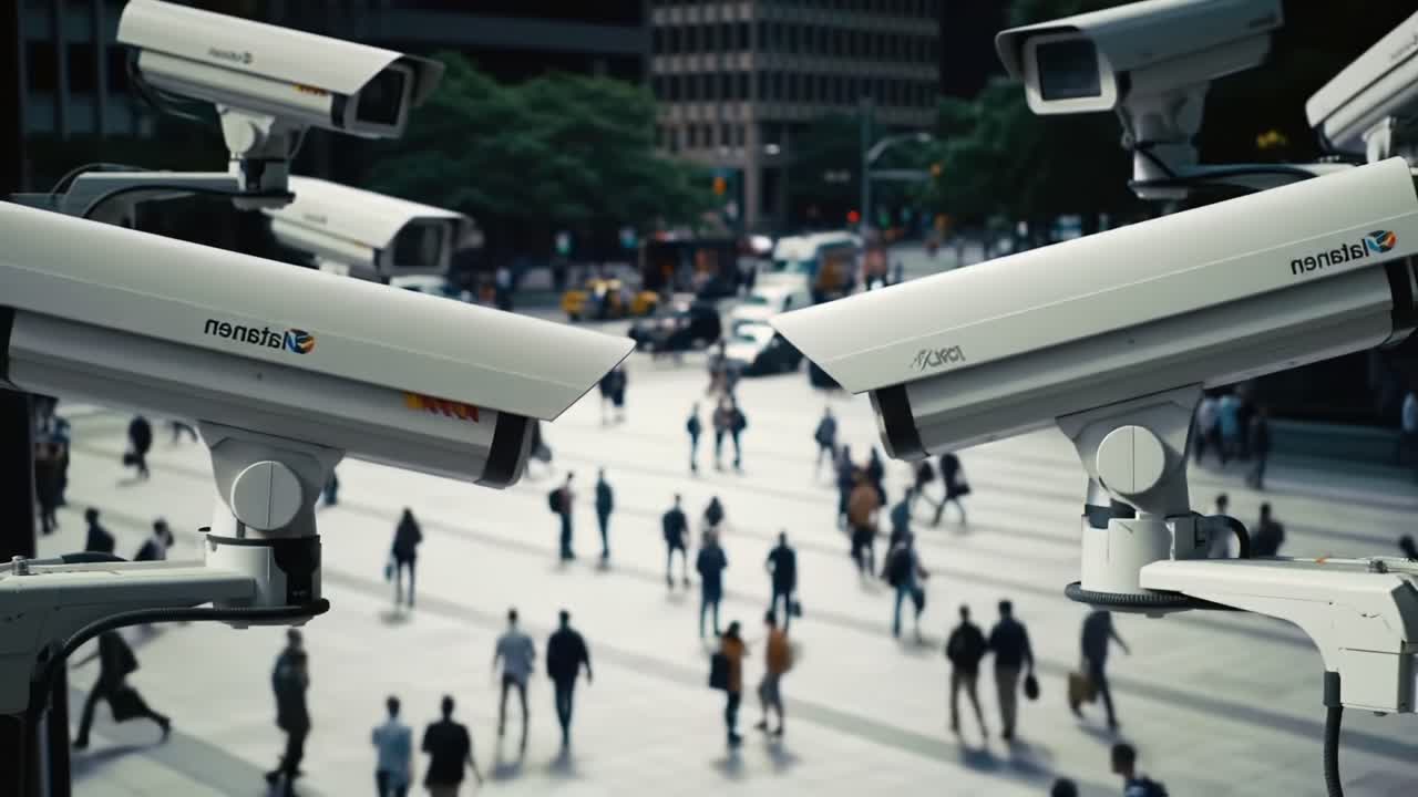 Surveillance Technology Overseeing Urban Life: A Detailed View of Security Cameras Monitoring Pedestrian Movement Across a Busy Intersection
