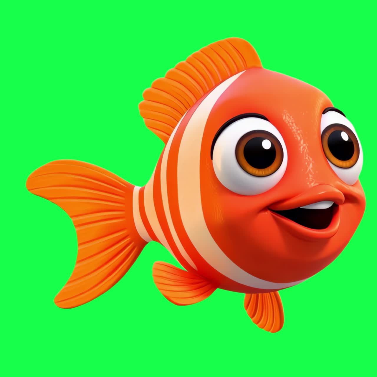 Vivace animazione di un personaggio di pesce a cartoni animati, video 4K trasparente, green screen
