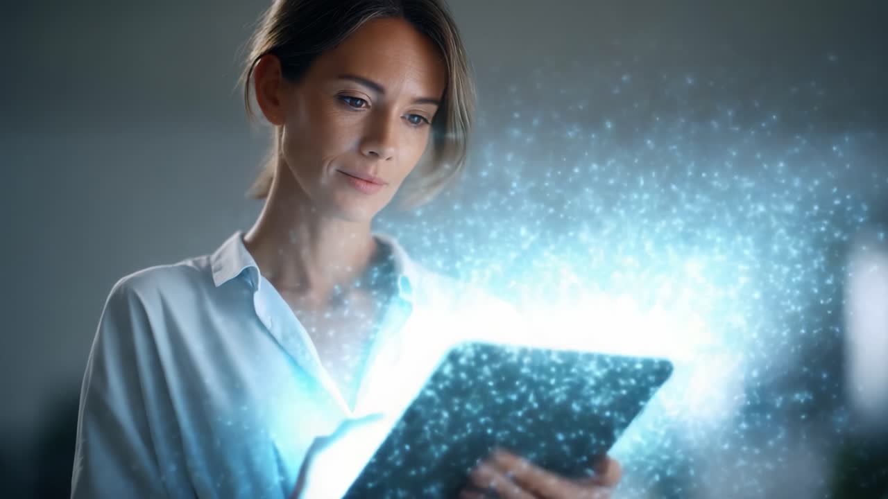 Una donna usa un tablet che mostra effetti digitali, rappresentando l'intersezione tra tecnologia e creatività in un contesto contemporaneo