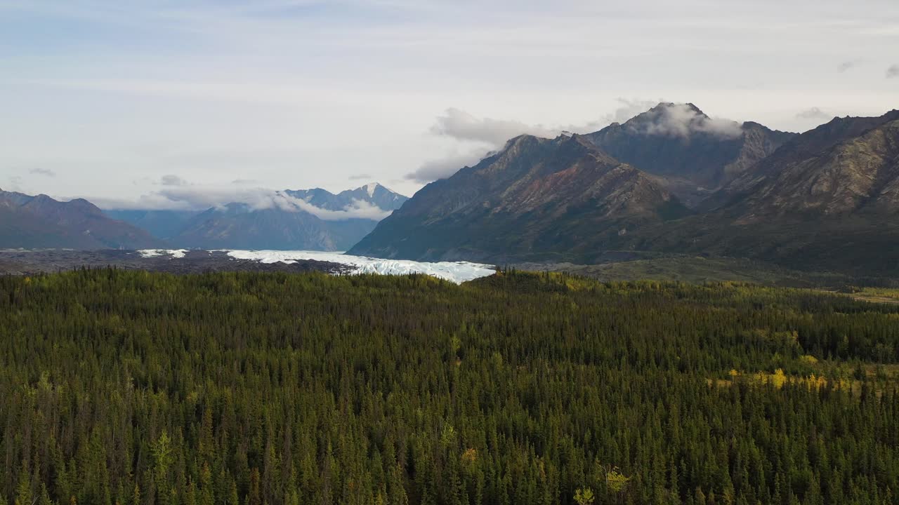 sobrevuelo aéreo en el valle de portage sobre bosques de abetos hacia montañas y tierras glaciares de portage cubiertas de nieve en verano