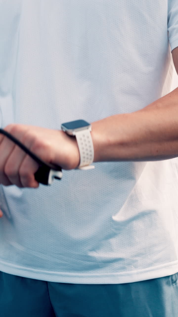 Person's Hand Checking Smartwatch While Holding Jump Rope