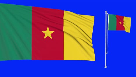 green screen hiper realistic loop of cameroon two flags waving in the wind cameroonian flagpole fluttering with highly detailed fabric texture animation 3d chroma key