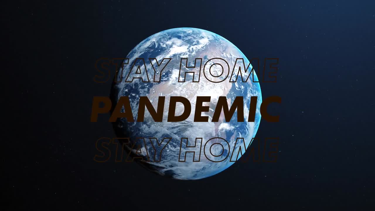 집에 머무르는 것을 반대하는  ⁇ 은 줄무 ⁇ 와 파란색 배경에 전 세계에 퍼진 팬데 ⁇  텍스트