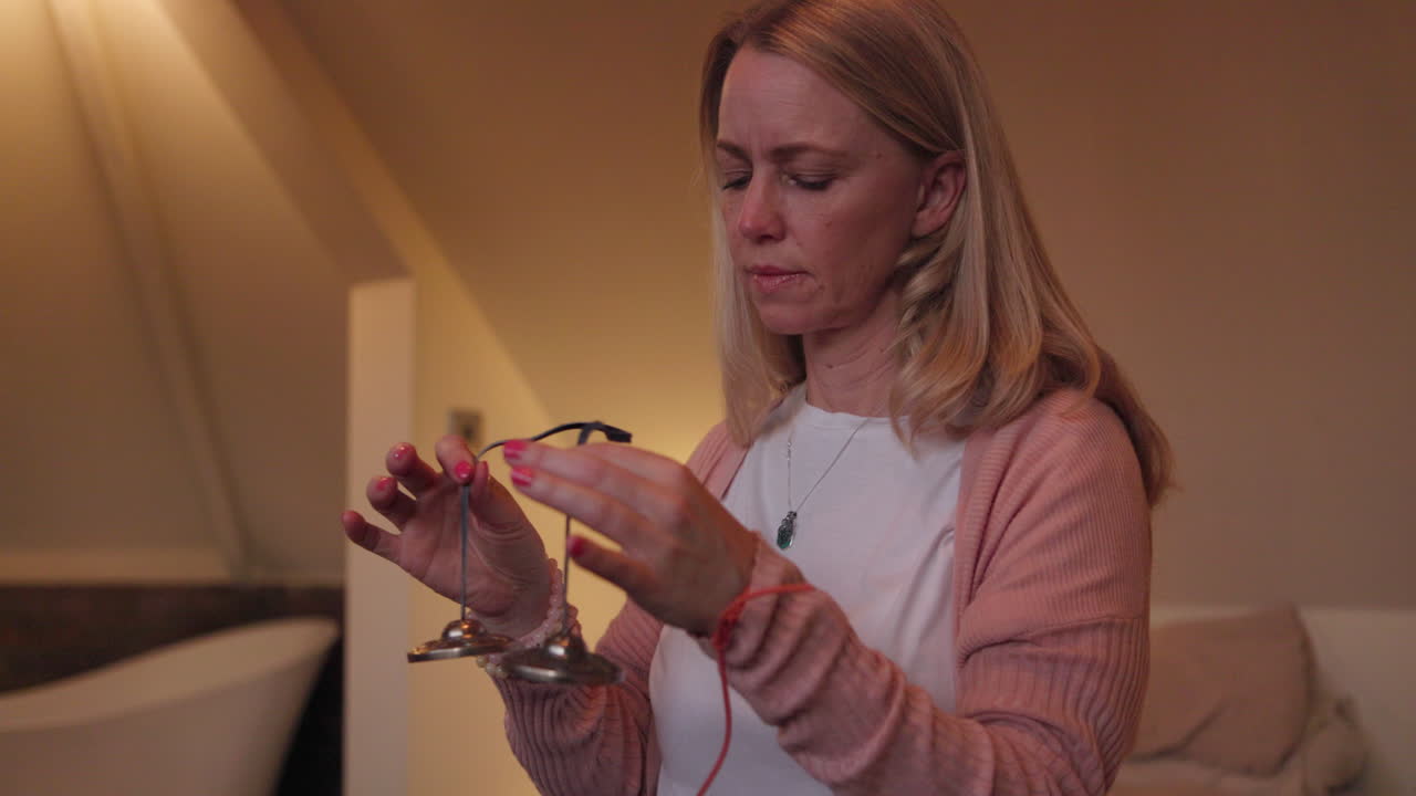 Woman playing singing bowls for meditation