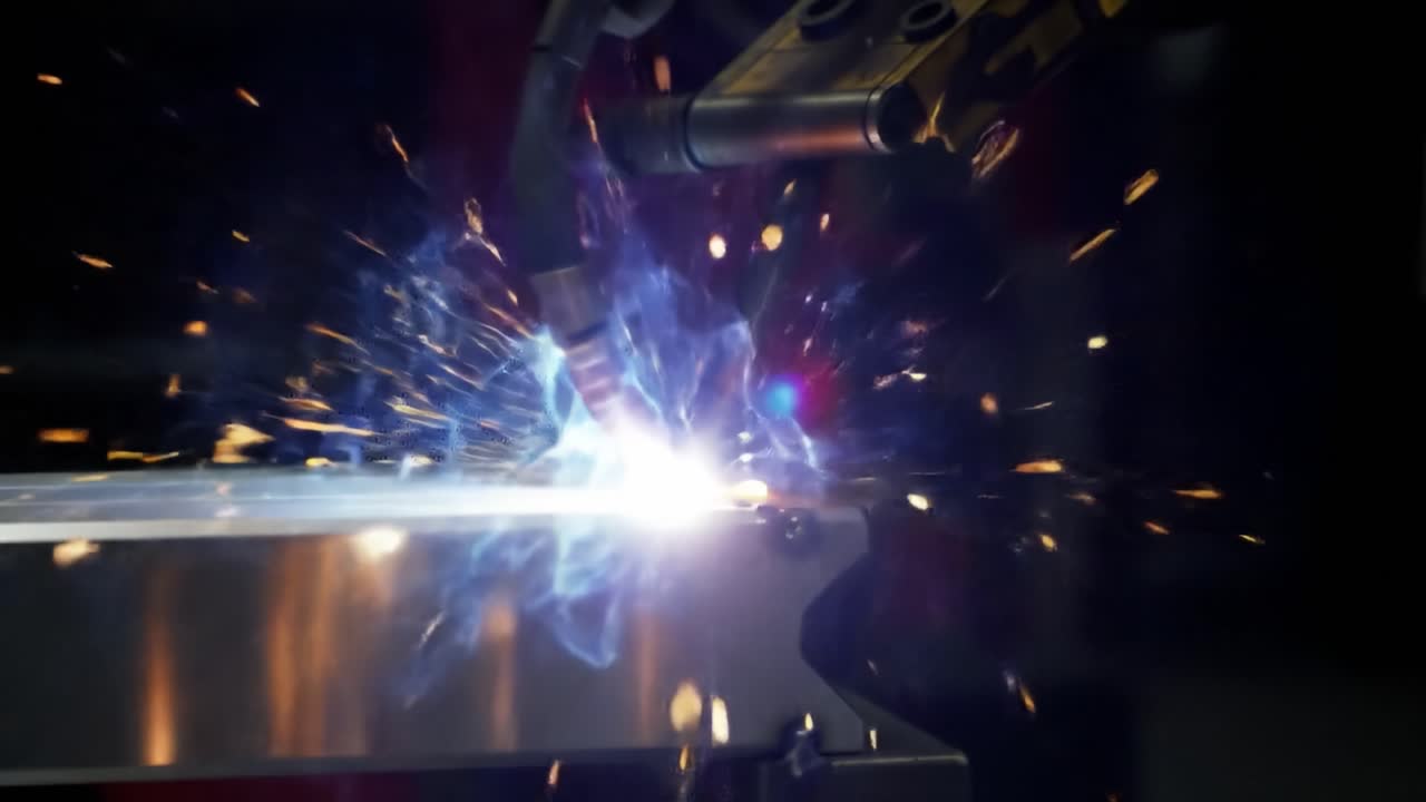 Intense Arc and Sparks Emanating from a Precision Welding Process Captured in Action, Highlighting the Artistry and Technology of Metal Fabrication in a Workshop Environment