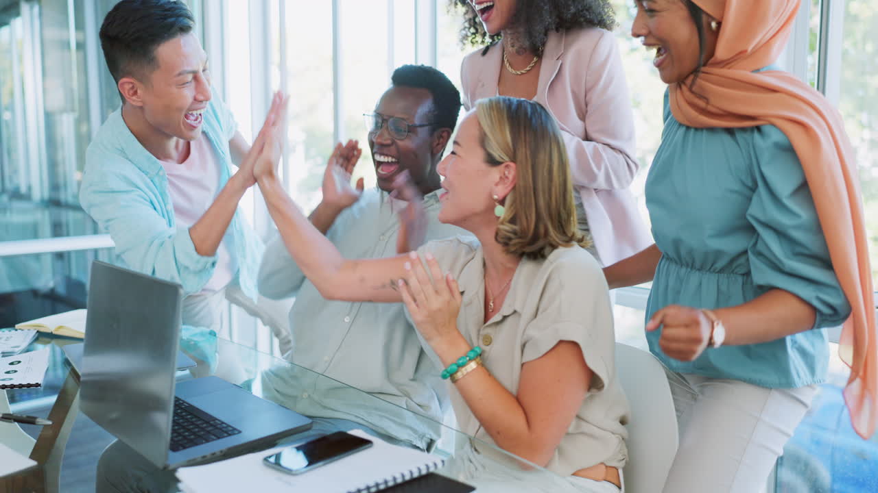 Business people, laptop and high five success