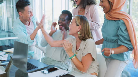 business people, laptop and high five success