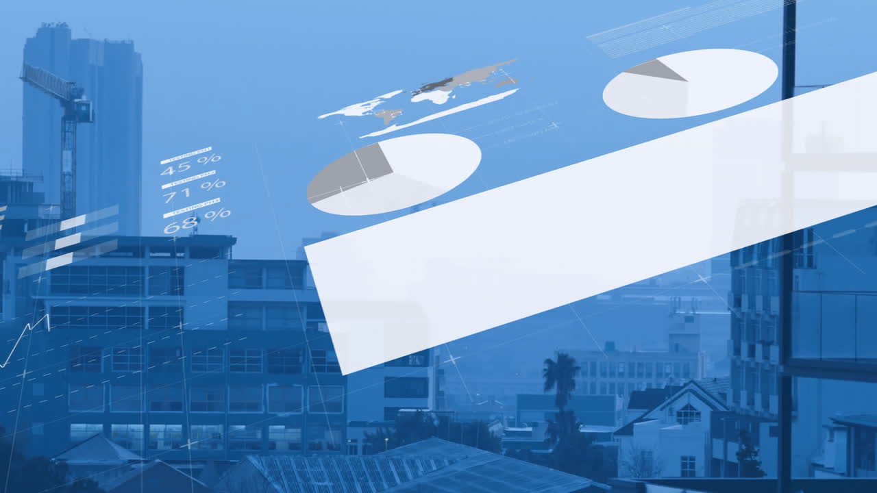 Urban cityscape with abstract geometric shapes and charts creating animation effect