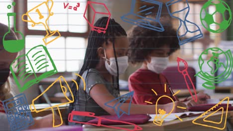 animación de elementos escolares iconos que se mueven sobre los escolares que llevan máscaras faciales