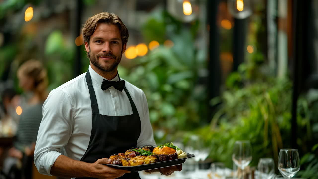 Waiter serves a plate of food in a restaurant surrounded by plants and dim lighting during dinner service