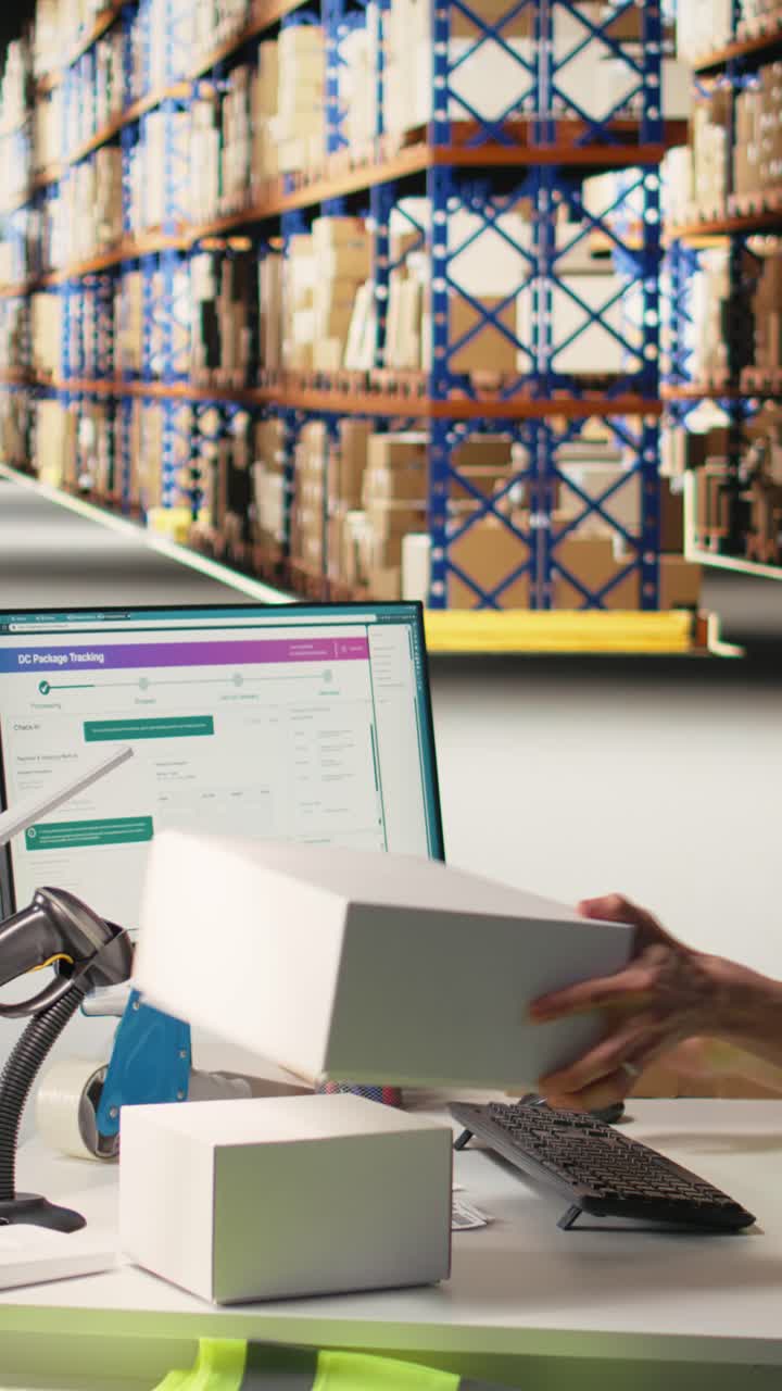 Vertical Video Male staff member does inventory check and registering parcels
