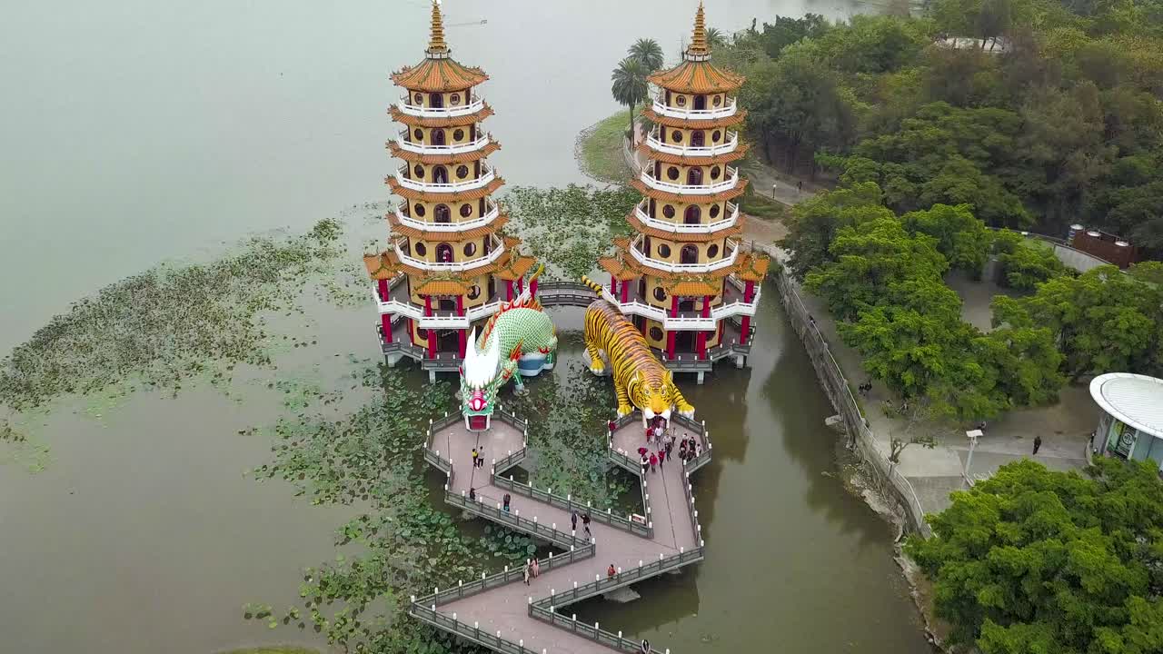 Drone shot of tourist on the bridge of Dragon Tiger Pagoda at Lotus Pond in Kaohsiung, Taiwan.