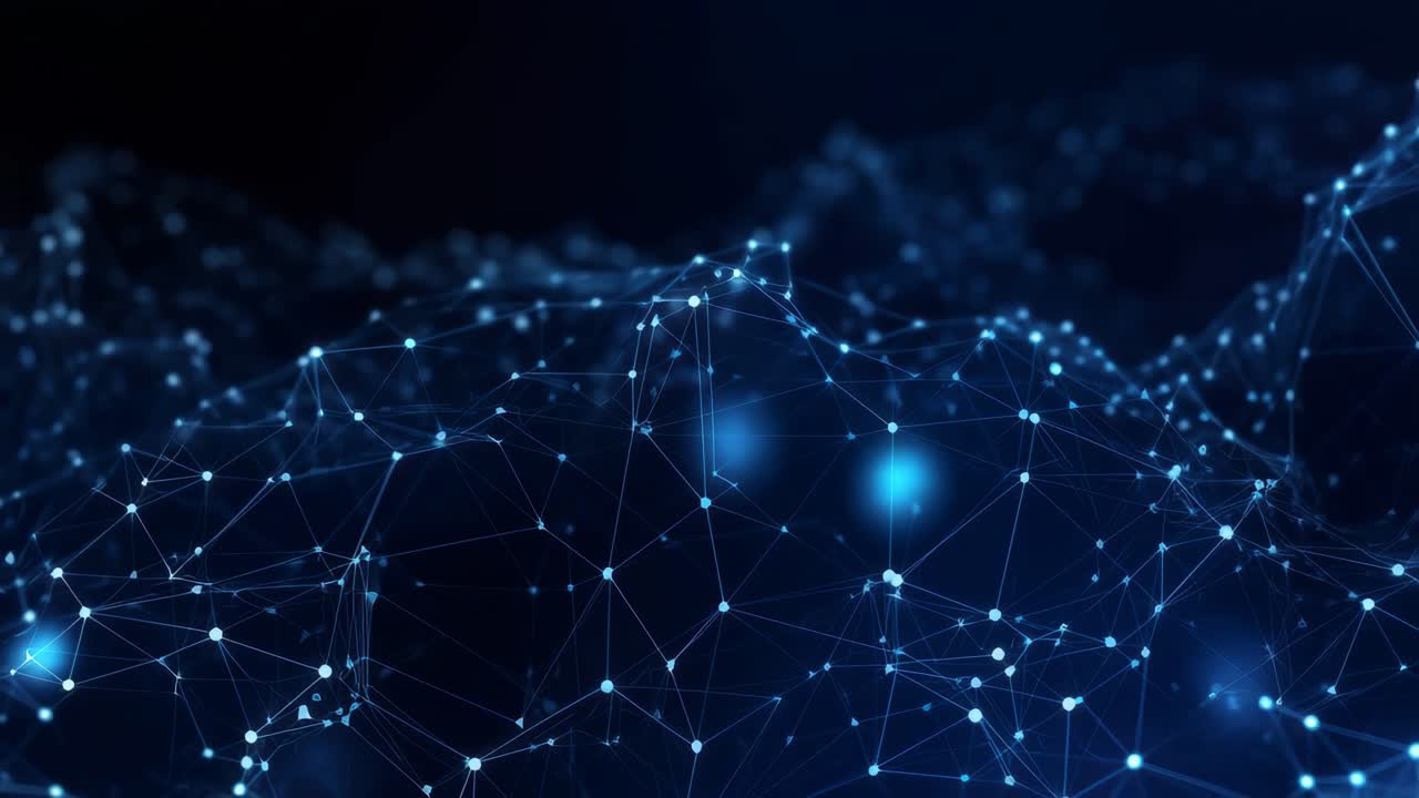 Futuristic network of glowing blue nodes and lines, viewed from a low angle