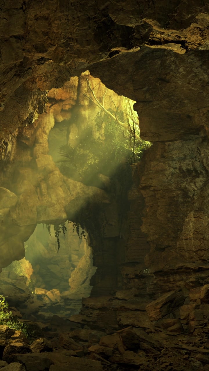 Luce che filtra attraverso una formazione rocciosa naturale in una grotta a mezzogiorno.