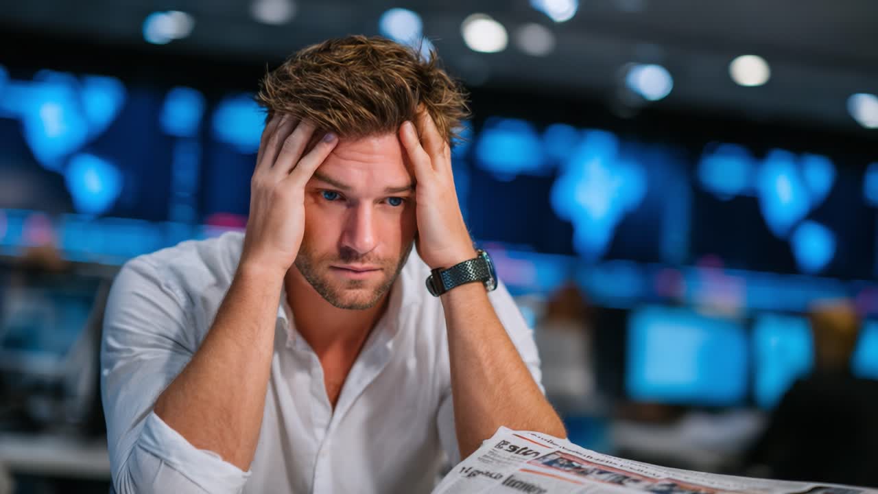 A Young Man in Distress: Capturing the Emotional Weight of News and Current Events in a Modern Newsroom Setting
