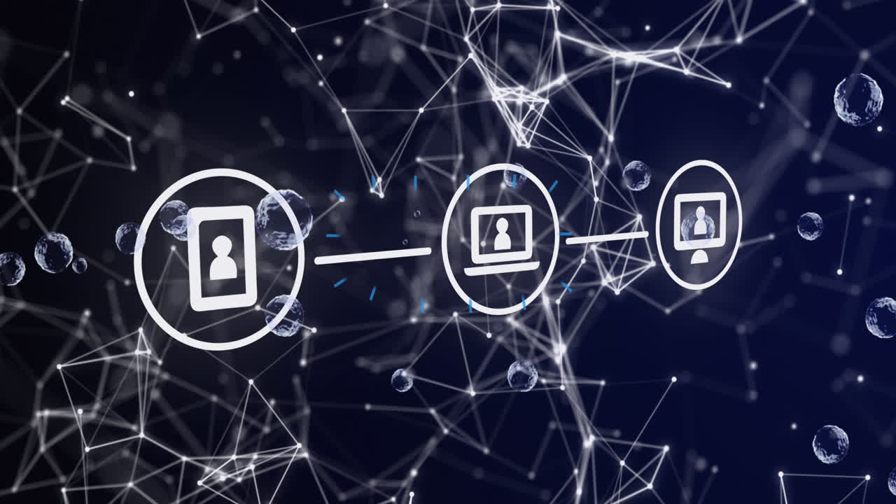 Animation of networks of icons and data processing over blue background