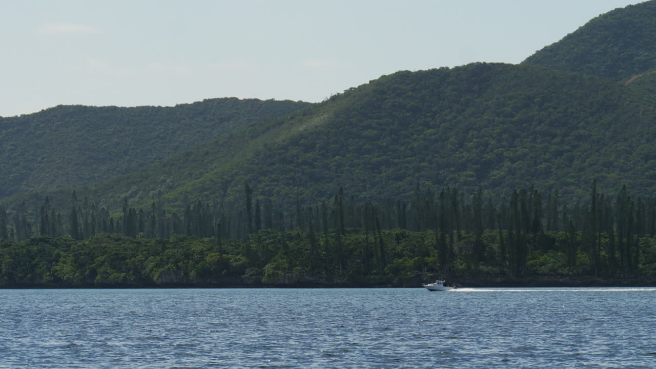 소나무 섬 근처 태평양을 가로지르는 보트 과속 후 추적 샷