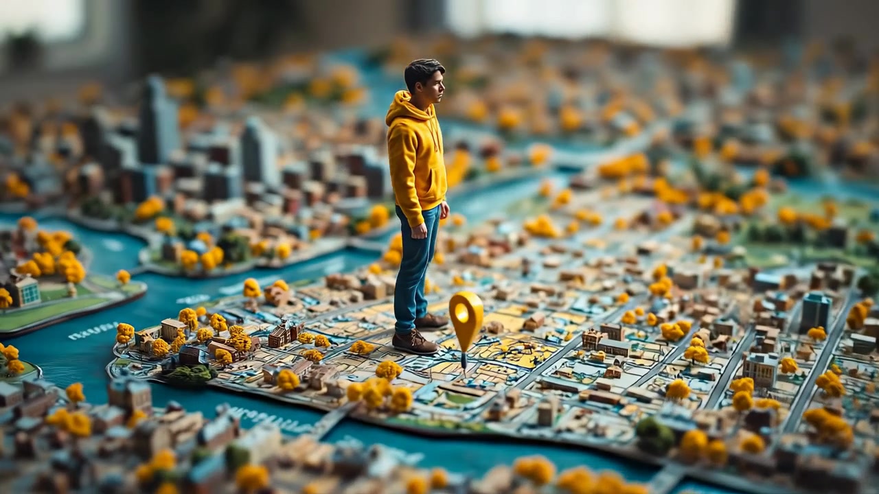 Persona in piedi su una mappa della città con una puntina. Una persona si trova su una mappa della città. Guarda la sua posizione contrassegnata da una puntina. La scena mostra tetti e sentieri