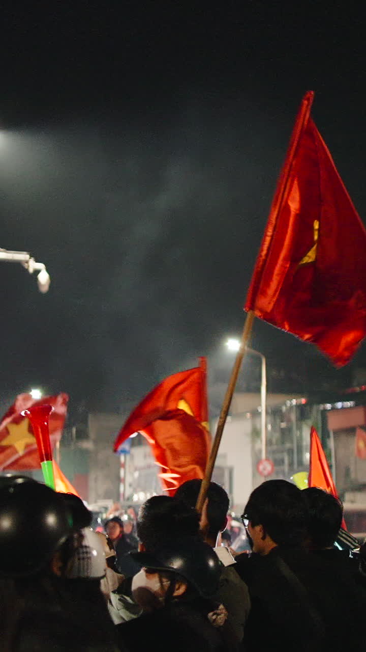 Crowd Celebrating with Vietnamese Flags at Night