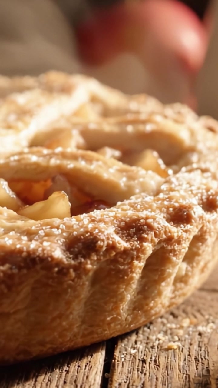 Una deliziosa torta di mele fatta in casa con crosta dorata e cristalli di zucchero scintillanti, catturata in due splendide inquadrature che mostrano i suoi strati perfettamente cotti.