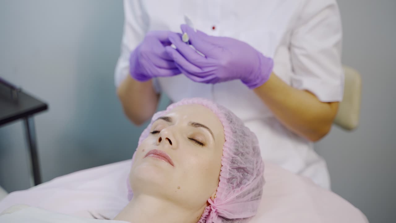 A specialist is making injections of mesotherapy to a client in the forehead area in the center of cosmetology. Modern cosmetology. Skin moisturizing procedure