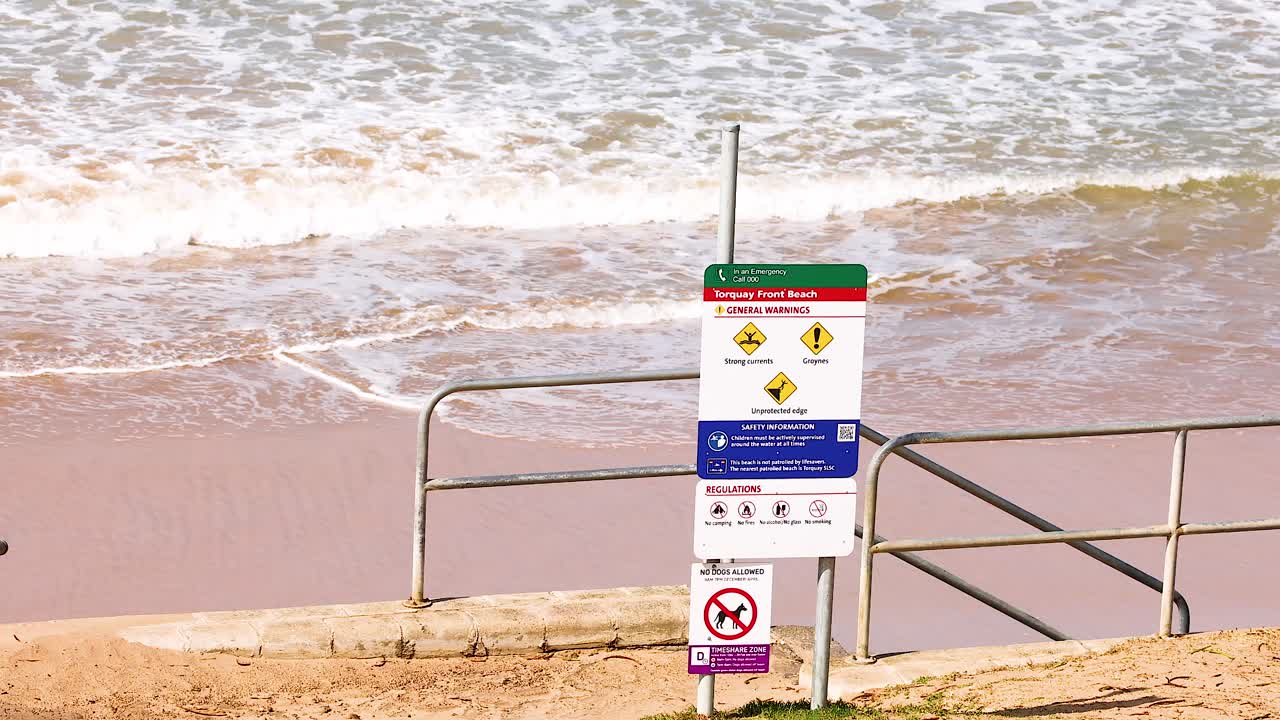 A beach safety sign stands before rolling ocean waves under bright daylight at Great Ocean Road, Australia